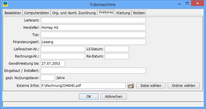 Lieferant, Hersteller, Typ, Finanzierungsart, Gewährleistungsende, eingebaut / installiert, Inventur-Datum